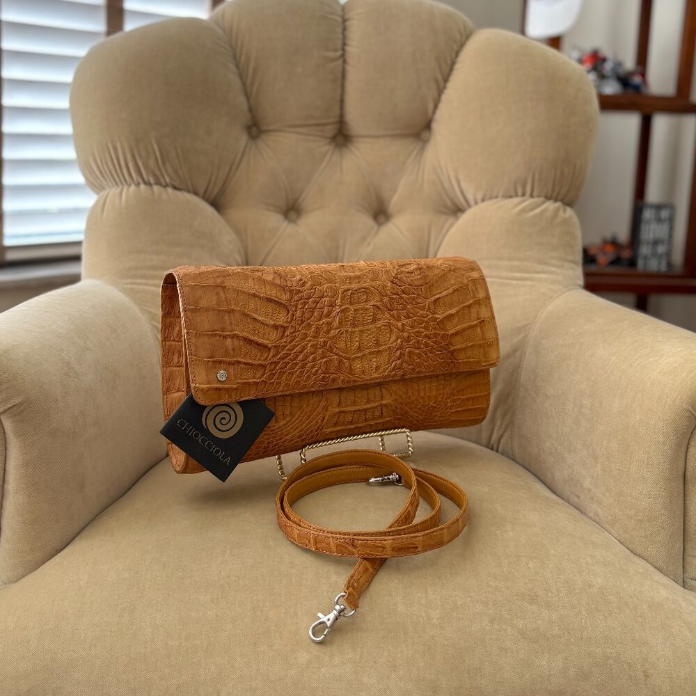 NEW Auth CHIOCCIOLA Genuine Caiman Crocodile Large Convertible Clutch Bag